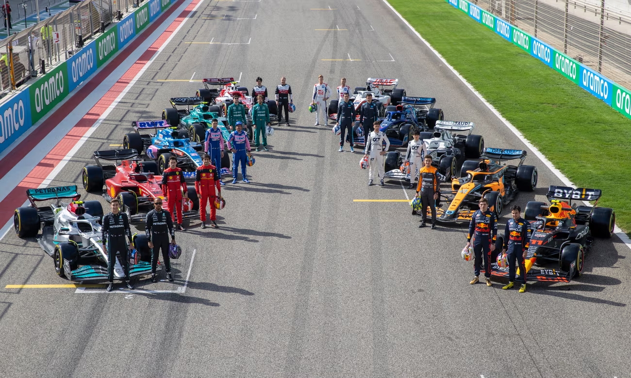 All F1 team drivers lined up with their team car (Taken from: https://www.theguardian.com/sport/2022/mar/17/formula-one-2022-team-by-team-guide-cars-drivers)